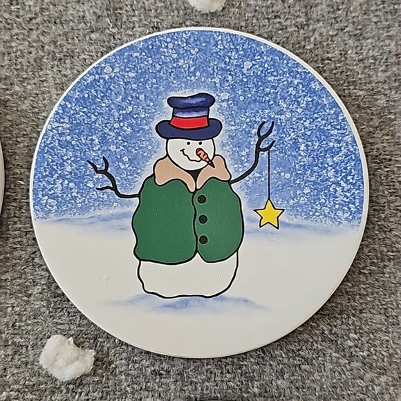 St. Nicholas Square Button Up Set of 4 Winter Snowman Stone Coasters 4.5" Dia. - Picture 6 of 8